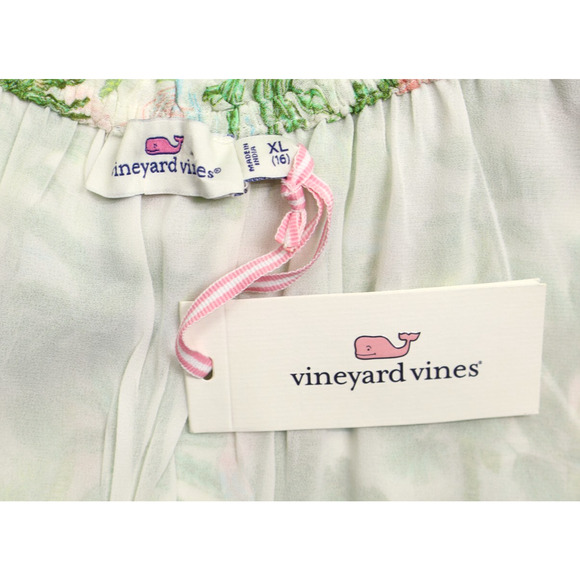 Vineyard Vines Girls Smocked Waist Dress Green Pink Palms Viscose Sz XL(16) NWT - Picture 7 of 9